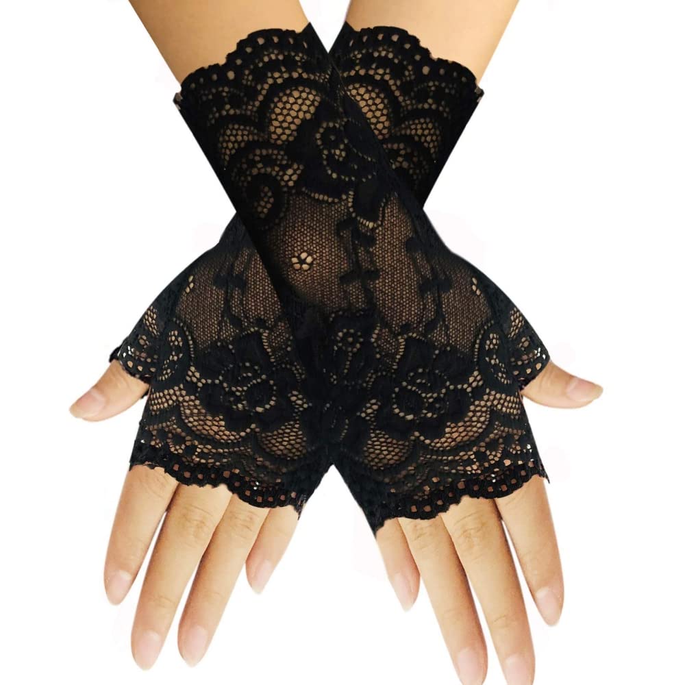 PALAY Lace Gloves for Women Fingerless Short Floral Bridal Gloves Black Sunblock Dressy Gloves for Dancing Masquerade Wedding Dinner Party - One Pair PALAY Lace Gloves for Women Fingerless Short Floral Bridal Gloves Black Sunblock Dressy Gloves for Dancing Masquerade Wedding Dinner Party - One Pair